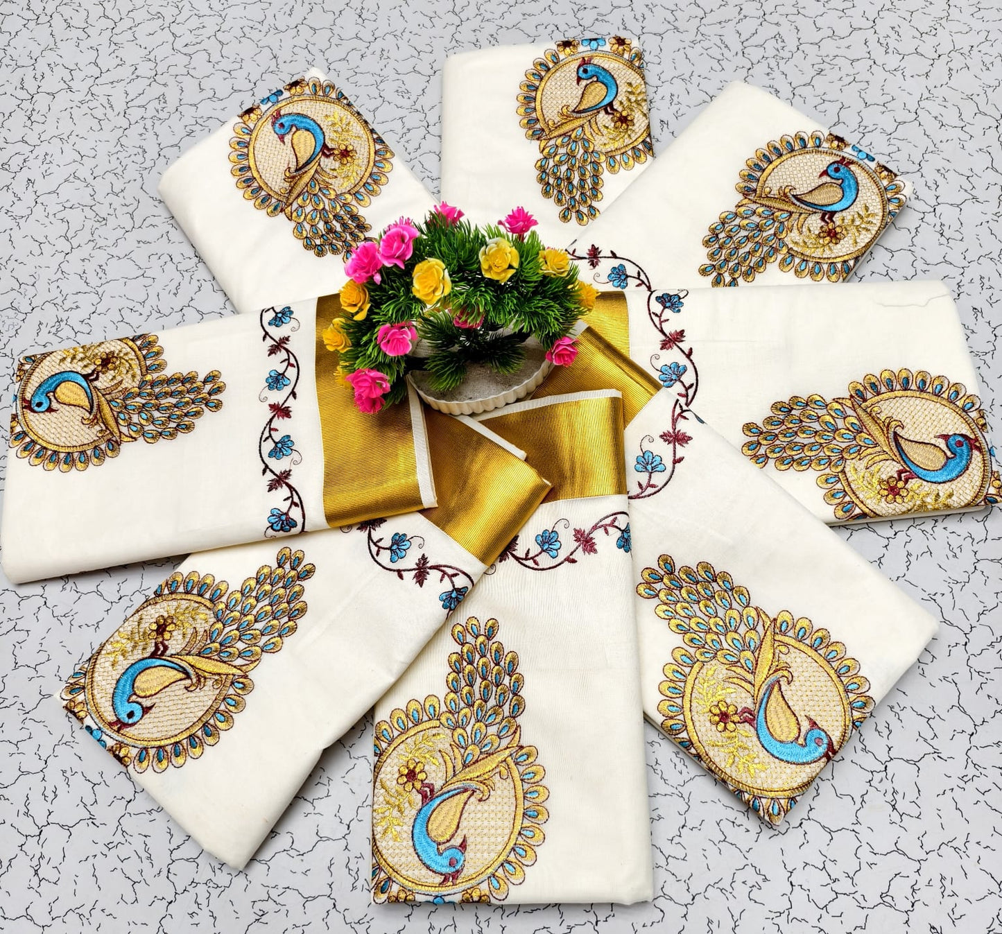 🦚 Peacock Embroidery Kerala Kasavu Saree