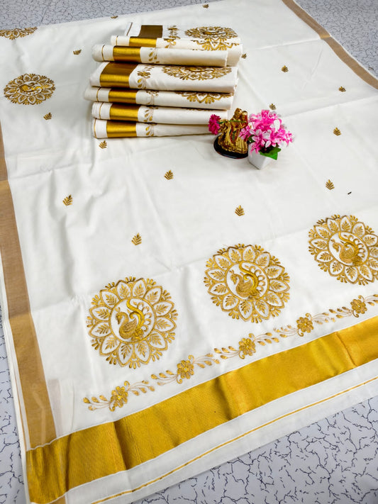 🪔 Kerala Kasavu Saree with Golden Peacock Embroidery