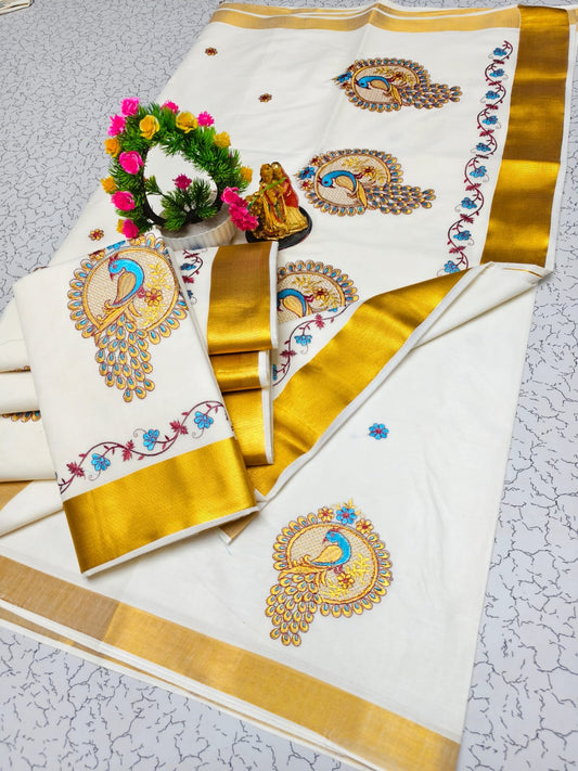 🦚 Peacock Embroidery Kerala Kasavu Saree