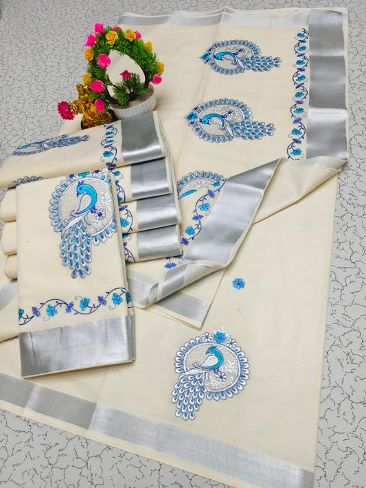 🪶 Kerala Kasavu Saree with Silver Zari & Peacock Embroidery🦚